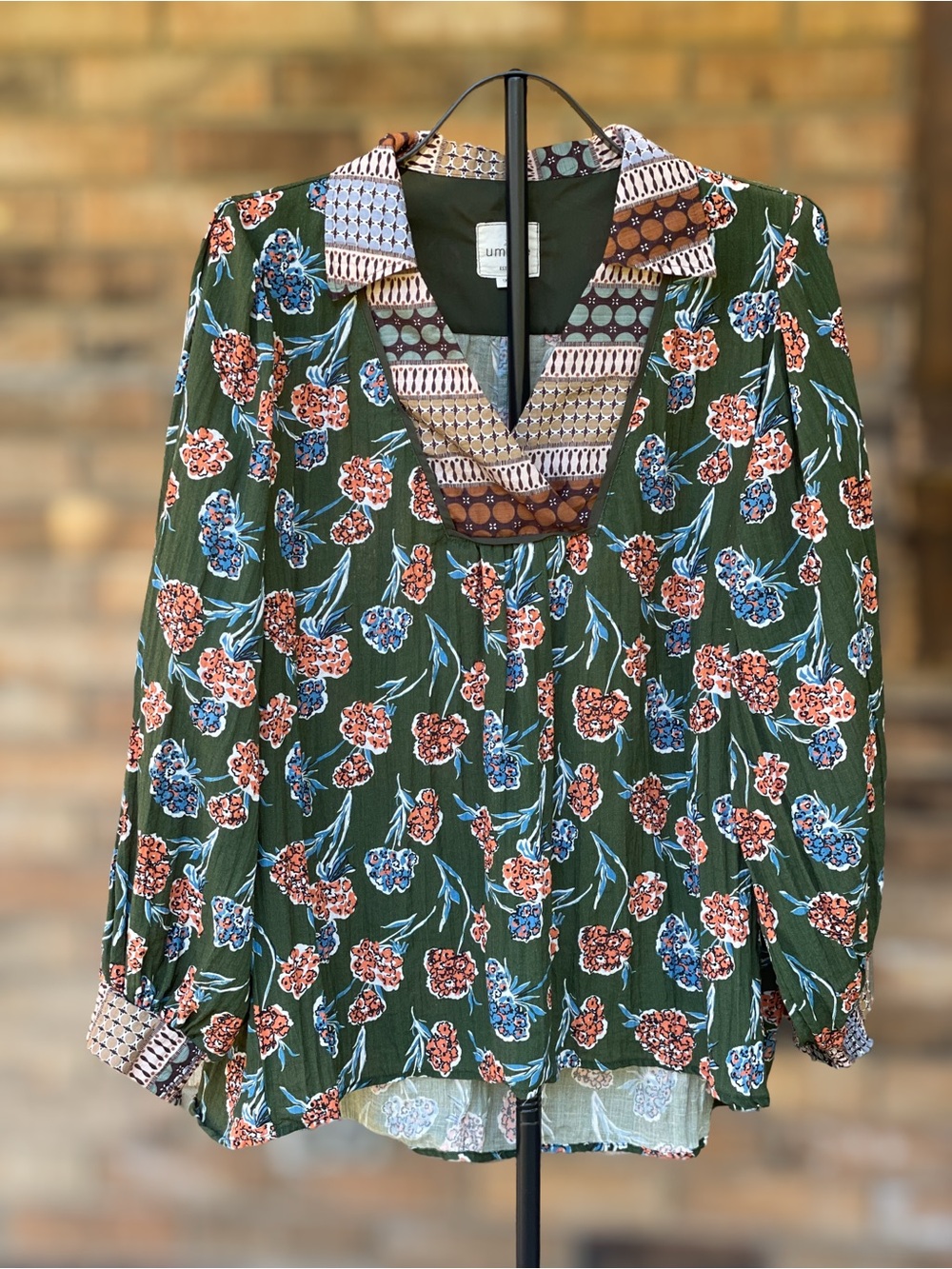 Umgee 1XL Green Floral Mixed Print Boho Blouse